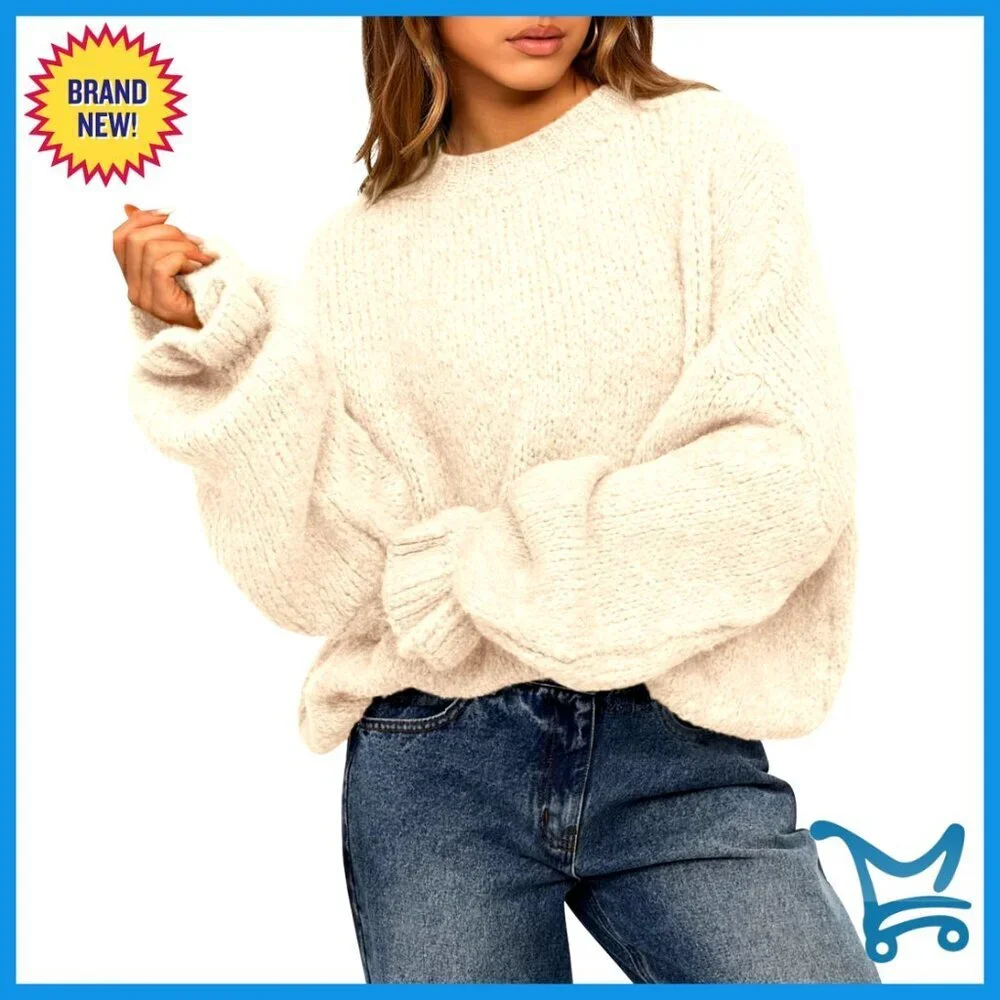 Oversized Knit Pullover Sweater Crewneck Fuzzy Warm Long Sleeve Loose Fit